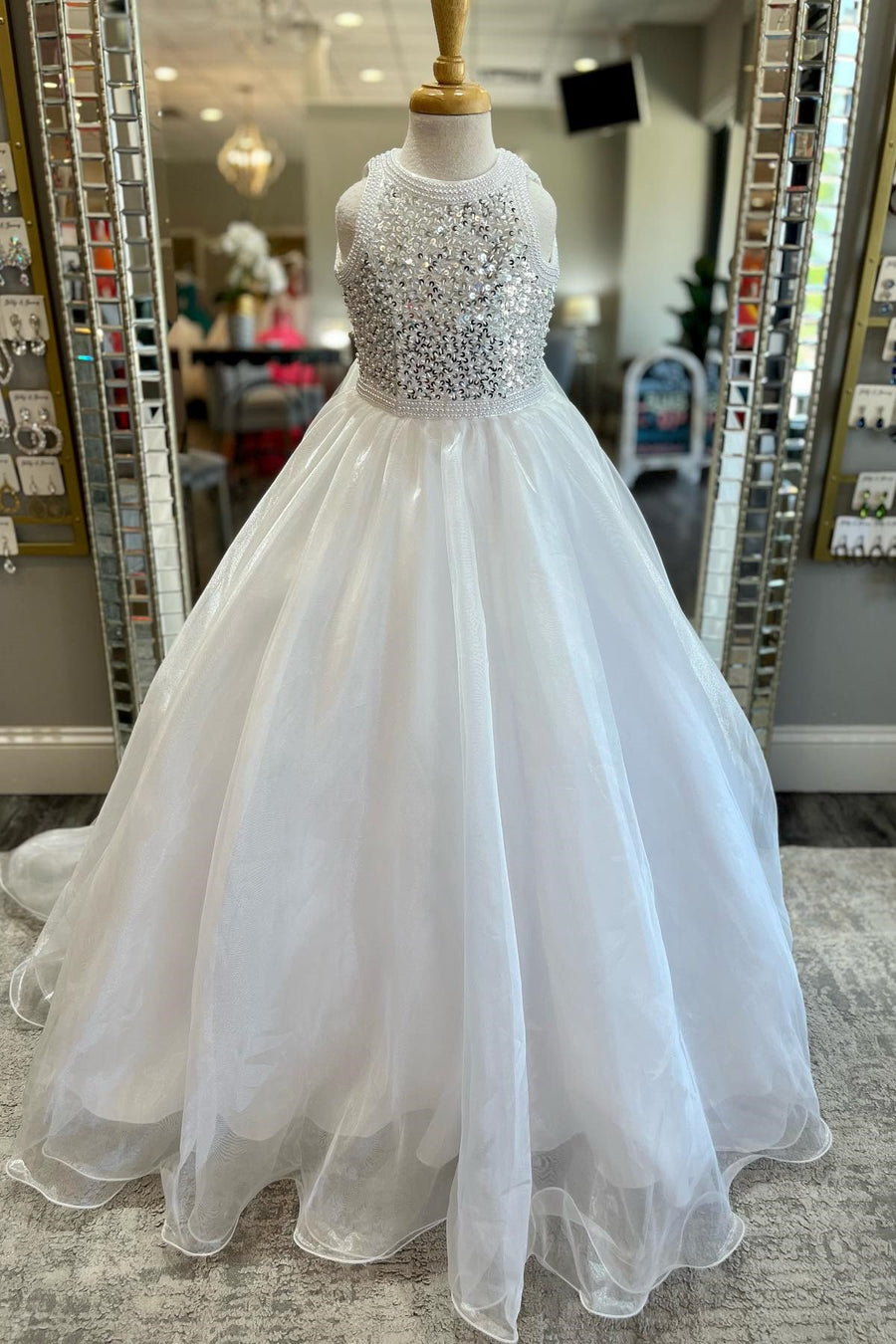 White Sequin Sleeveless Long Girl Pageant Dress with Pearls