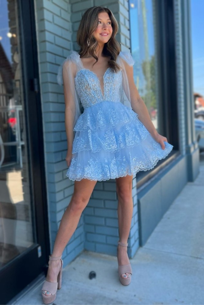Plunging Neck Light Blue A-line Ruffle Tulle Homecoming Dress