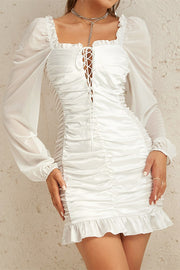 White Square Neck Lace-Up Ruffle Mini Dress
