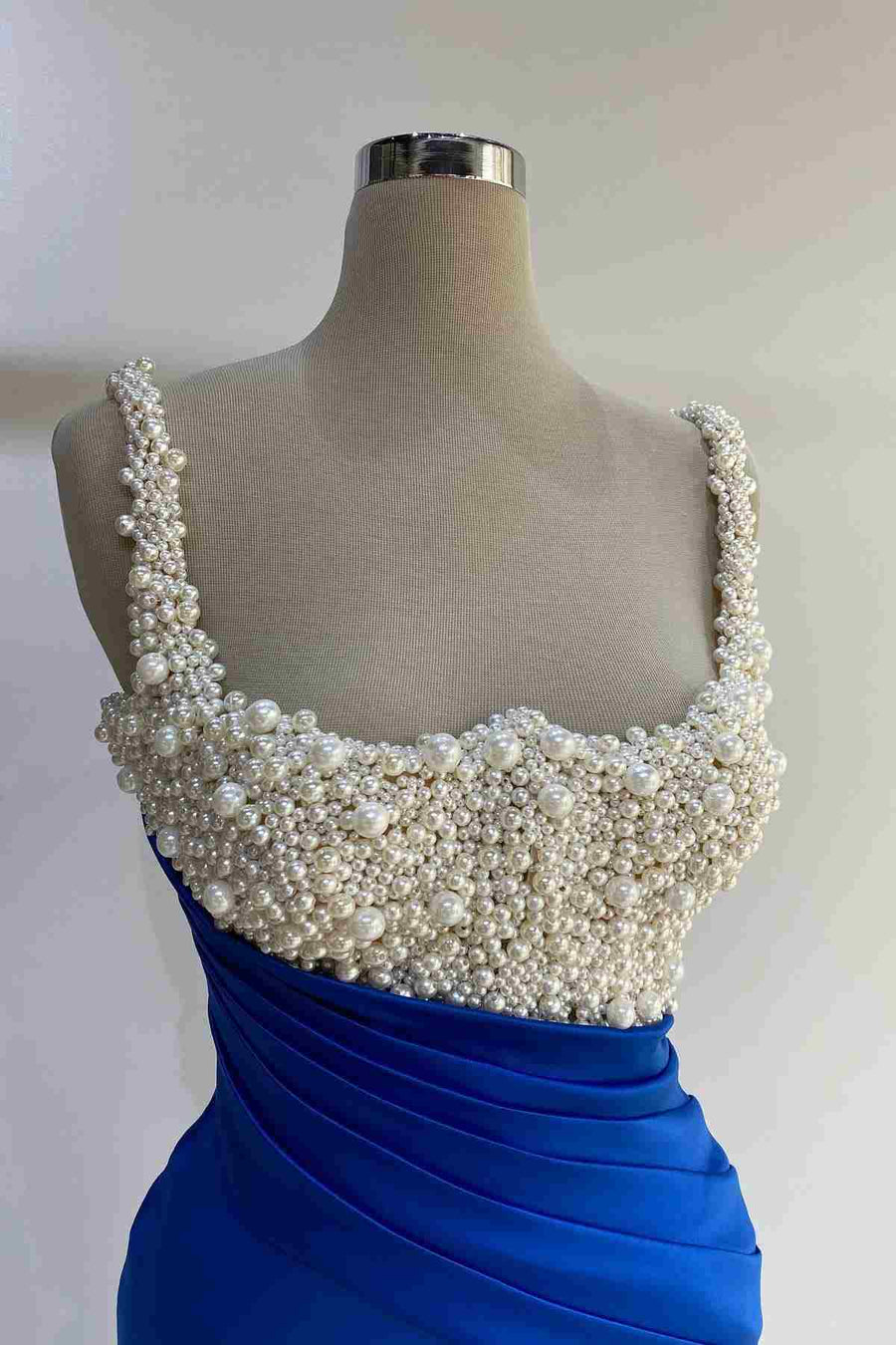 Mermaid Pearls Beads Straps Pleated Side Slit Prom Formal Dress