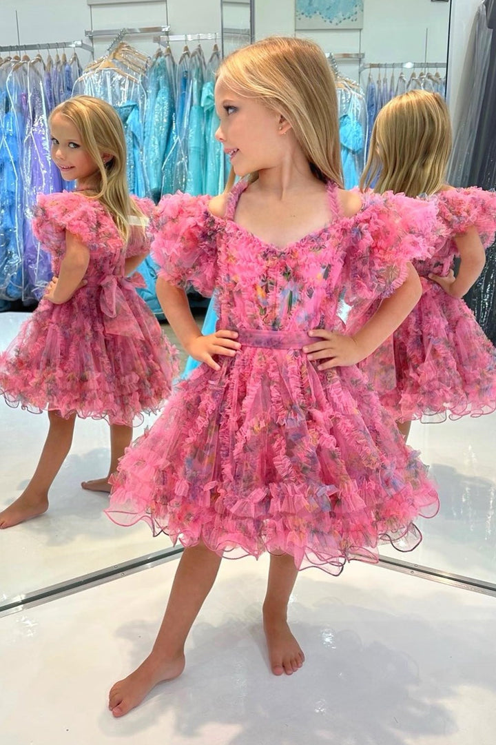 Bright Pink Print Cold-Shoulder A-Line Girl Pageant Dress