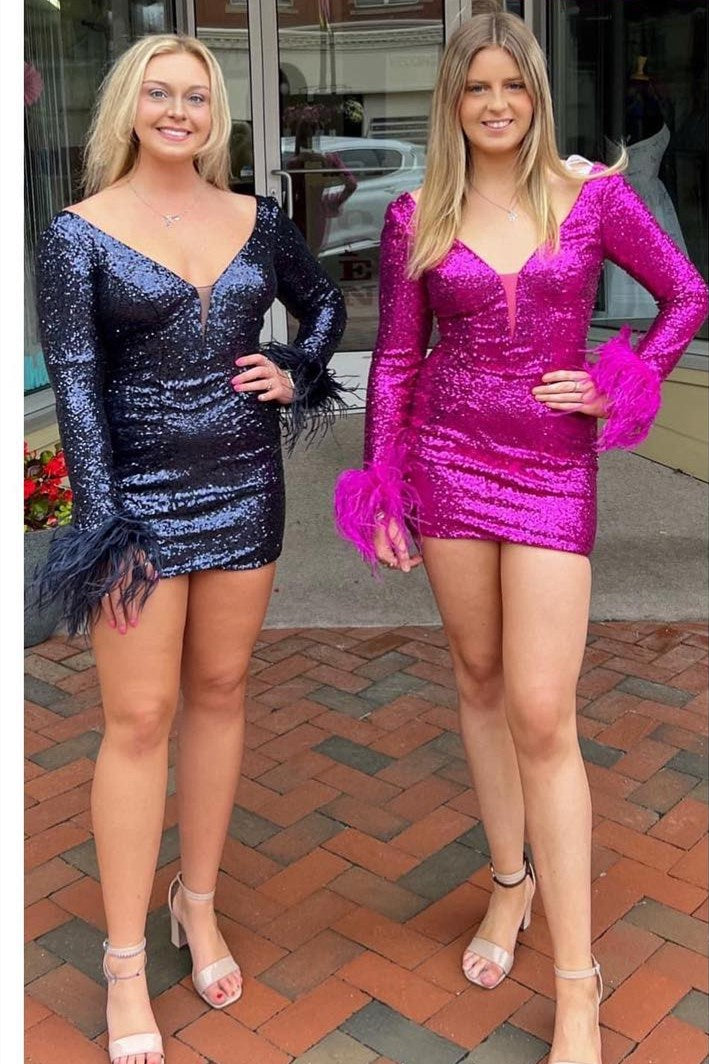 Fuchsia Sequin Plunge V Backless Bodycon Cocktail Dress with Long Sleeves