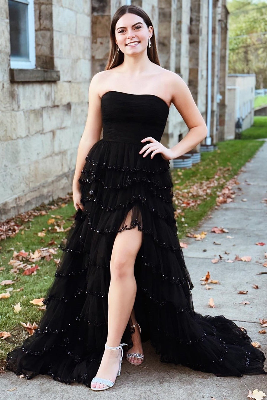 Black Tulle Strapless Ruffle Beaded Long Prom Dress with Slit Modsele Black Tulle Strapless Ruffle Beaded Long Prom Dress with Slit Modsele
