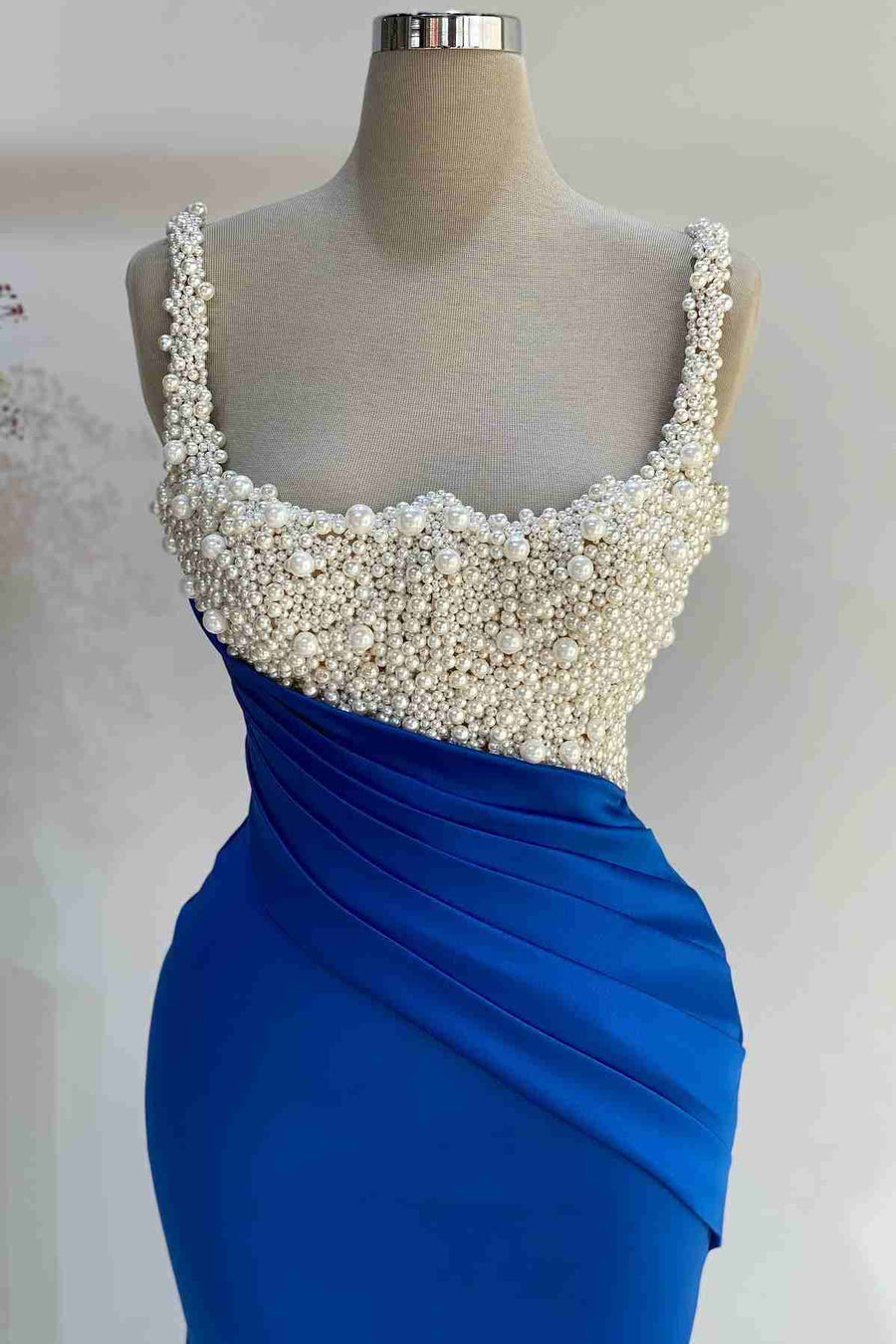 Mermaid Pearls Beads Straps Pleated Side Slit Prom Formal Dress