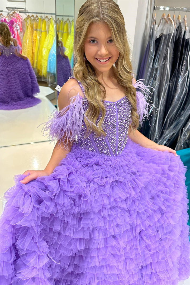 Purple Beaded Cold-Shoulder Ruffle Long Girl Pageant Dress
