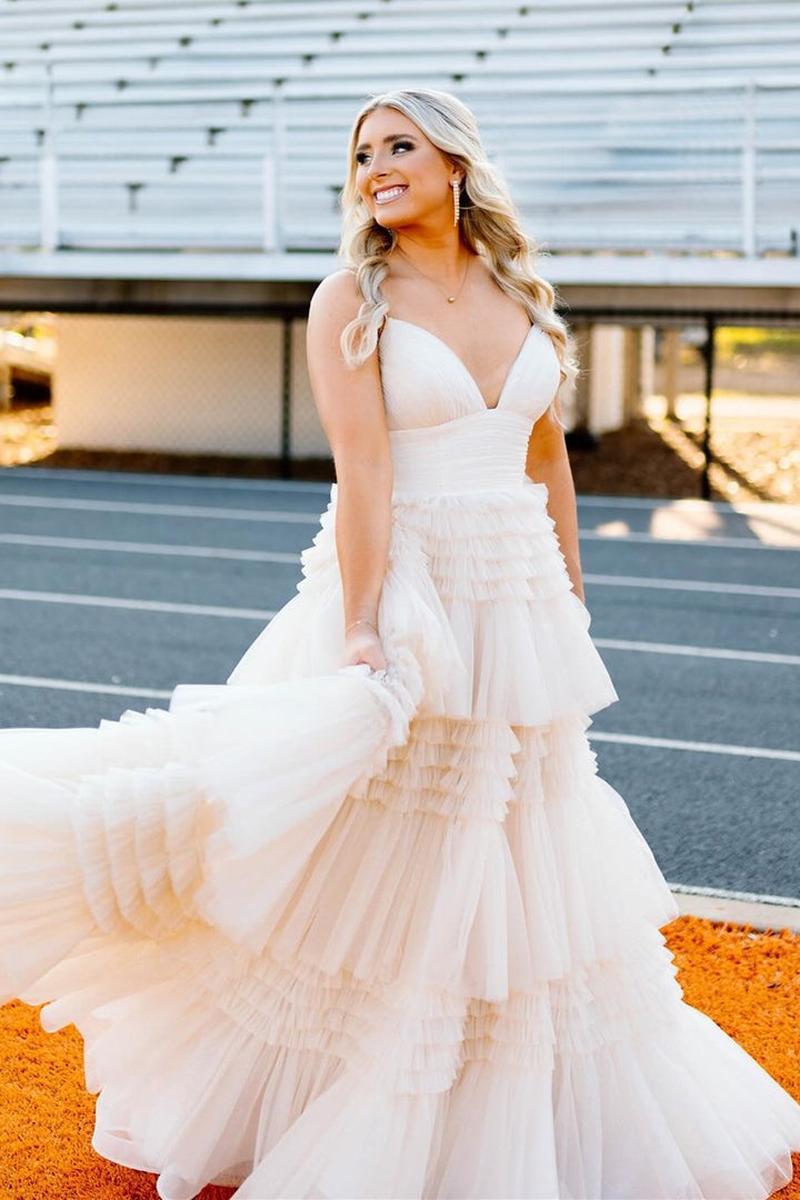 Black Tulle Multi-Tiered V-Neck Long Prom Dress