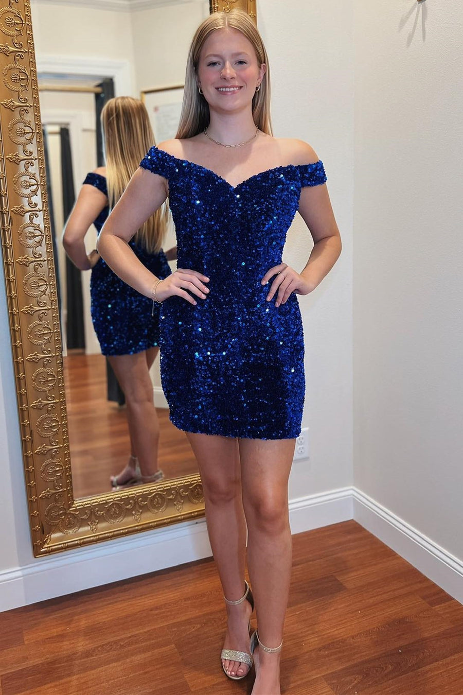 Royal Blue Sequin Off-the-Shoulder Short Homecoming Dress