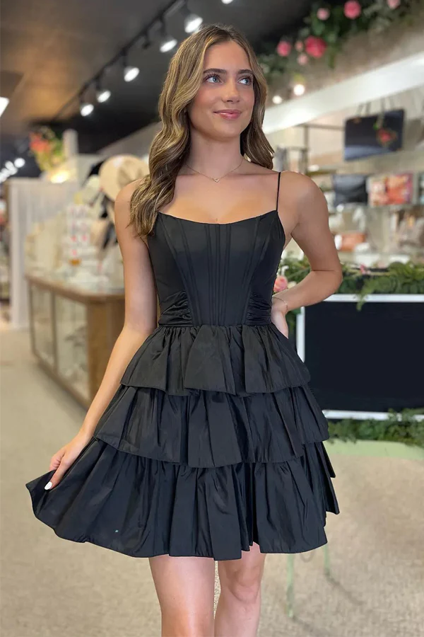 Chic Spaghetti Straps Sleeveless A-Line Ruffle Satin Homecoming Dress