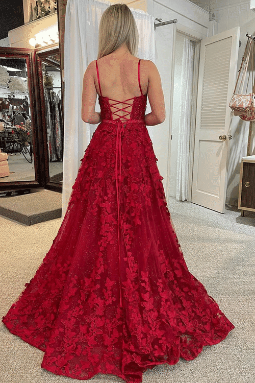 Red Spaghetti Straps Appliques Floral A-Line Long Prom Dress with Slit