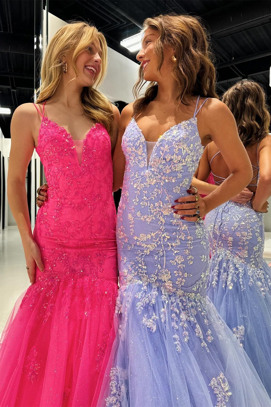 Hot Pink Tulle Lace V-Neck Trumpet Long Prom Dress