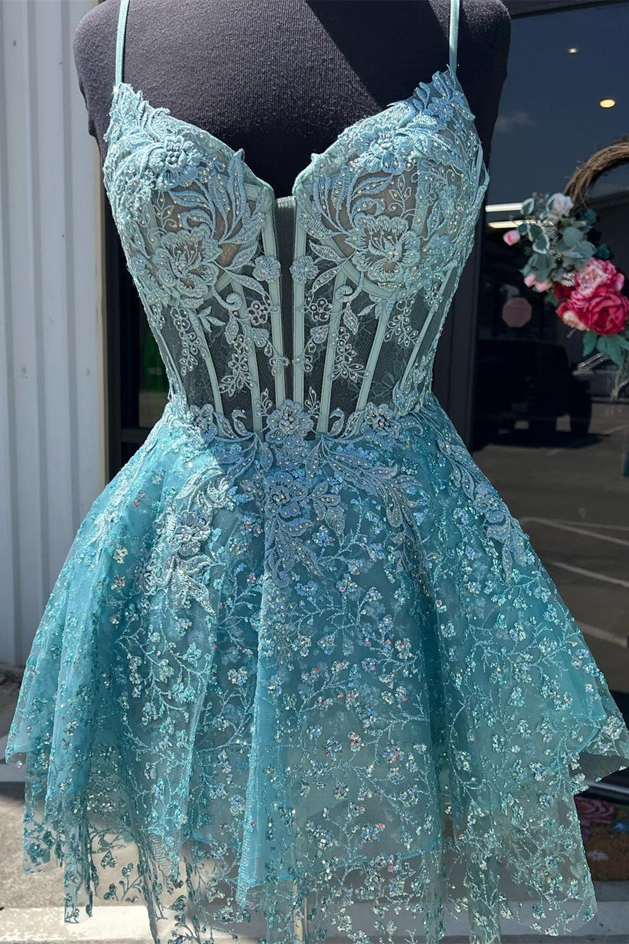 Sea Glass Tulle Lace Multi-Layer Short Gown with Spaghetti Straps Modsele Sea Glass Tulle Lace Multi-Layer Short Gown with Spaghetti Straps Modsele
