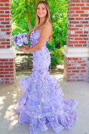 Stunning V-Neck Spaghetti Straps Appliques Mermaid Prom Dress Purple