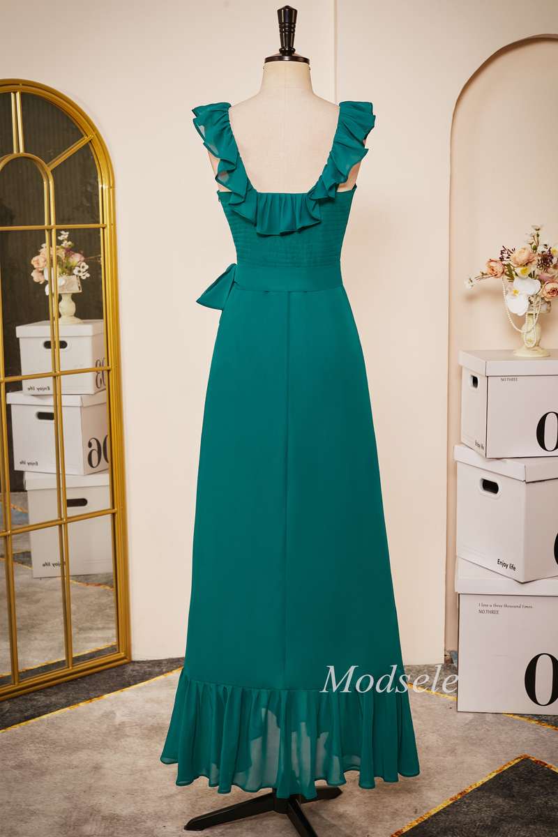 Emerald Chiffon Sleeveless Ruffle Long Dress with Belt