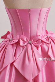 Pink Strapless A-Line Empire-Waist with Bows Pleated Homecoming Dress