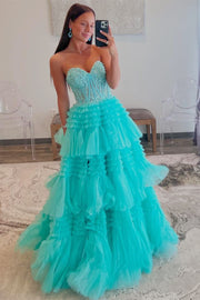 Black Tulle Sweetheart Tiered A-Line Long Prom Dress with Ruffles