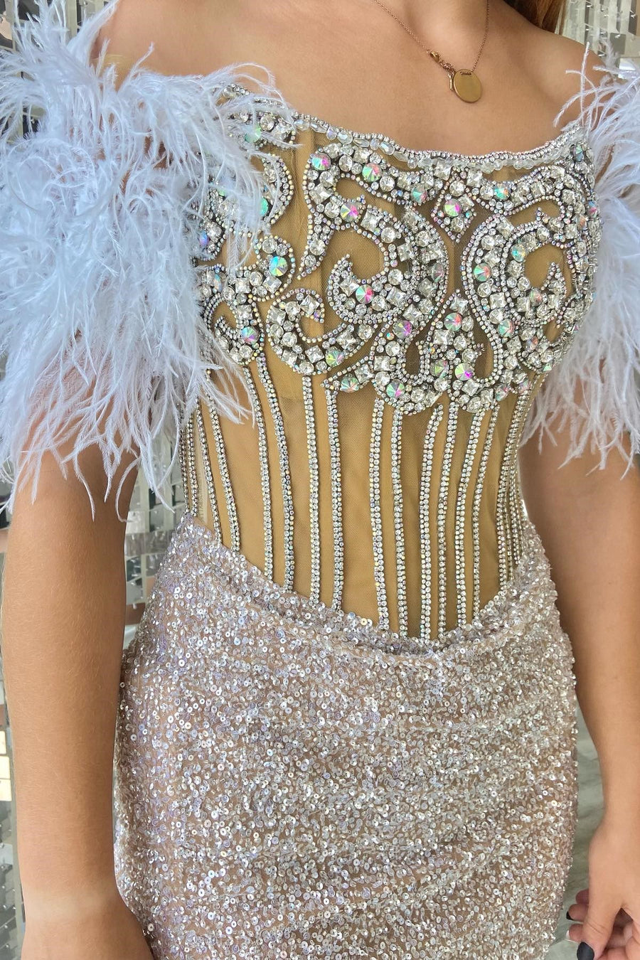 Silver Sequin Off-the-Shoulder Beaded Short Dress with Feathers Modsele Silver Sequin Off-the-Shoulder Beaded Short Dress with Feathers Modsele
