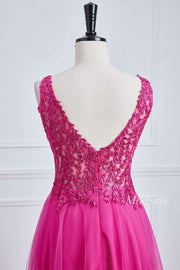 Magenta Tulle Appliques V-Neck A-Line Long Prom Dress