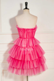 Hot Pink Strapless Tiered A-Line Short Party Dress with Ruffles