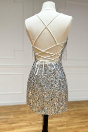 Silver Sequin V-Neck Cocktail Dress with Fringes
