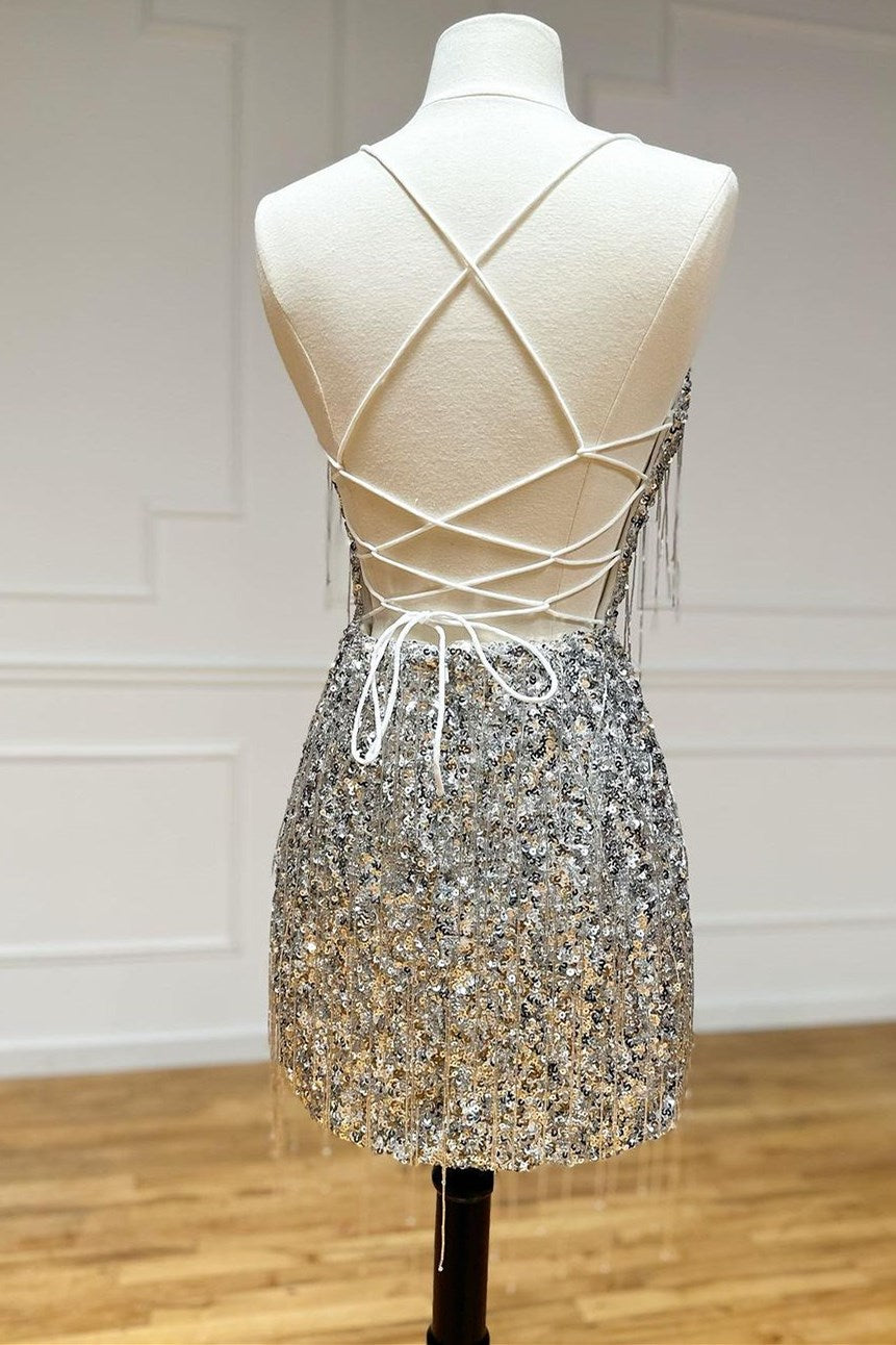 Silver Sequin V-Neck Cocktail Dress with Fringes Modsele Silver Sequin V-Neck Cocktail Dress with Fringes Modsele