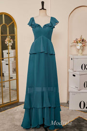 Emerald Flutter Sleeve Multi-Layer Ruffle Long Dress