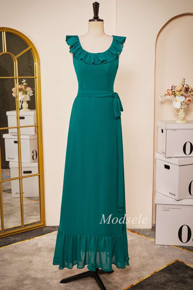 Emerald Chiffon Sleeveless Ruffle Long Dress with Belt – Modsele