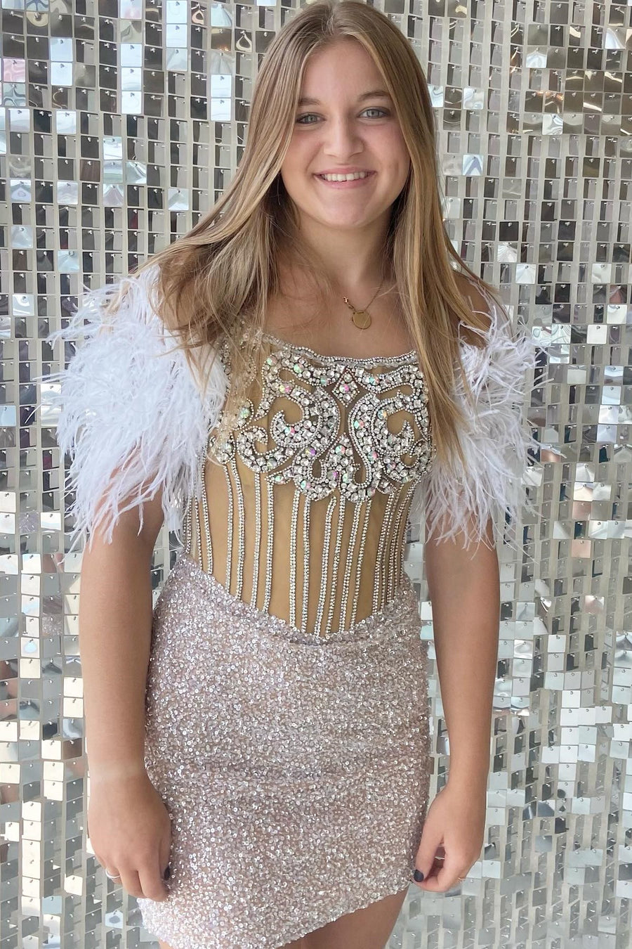 Silver Sequin Off-the-Shoulder Beaded Short Dress with Feathers Modsele Silver Sequin Off-the-Shoulder Beaded Short Dress with Feathers Modsele