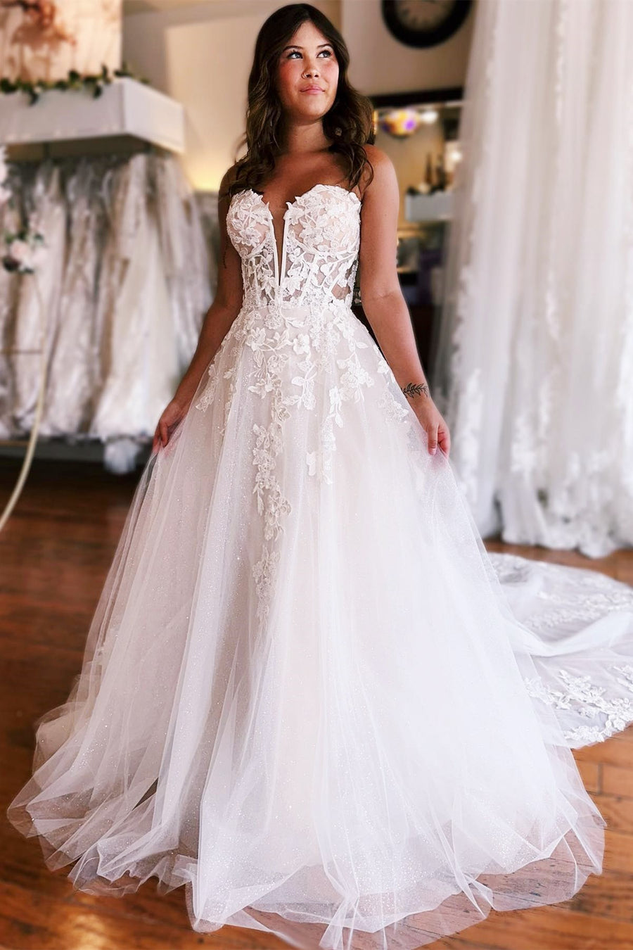 Ivory Tulle Appliques Strapless A-Line Long Wedding Dress Modsele Ivory Tulle Appliques Strapless A-Line Long Wedding Dress Modsele