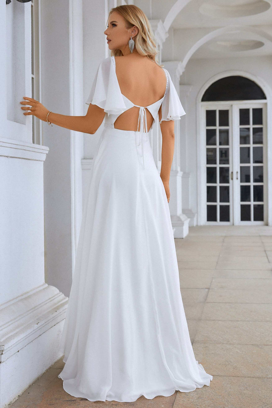 White Chiffon Tie-Back A-Line Long Dress with Flutter Sleeves Modsele White Chiffon Tie-Back A-Line Long Dress with Flutter Sleeves Modsele