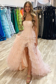 Black Tulle Strapless Ruffle Beaded Long Prom Dress with Slit