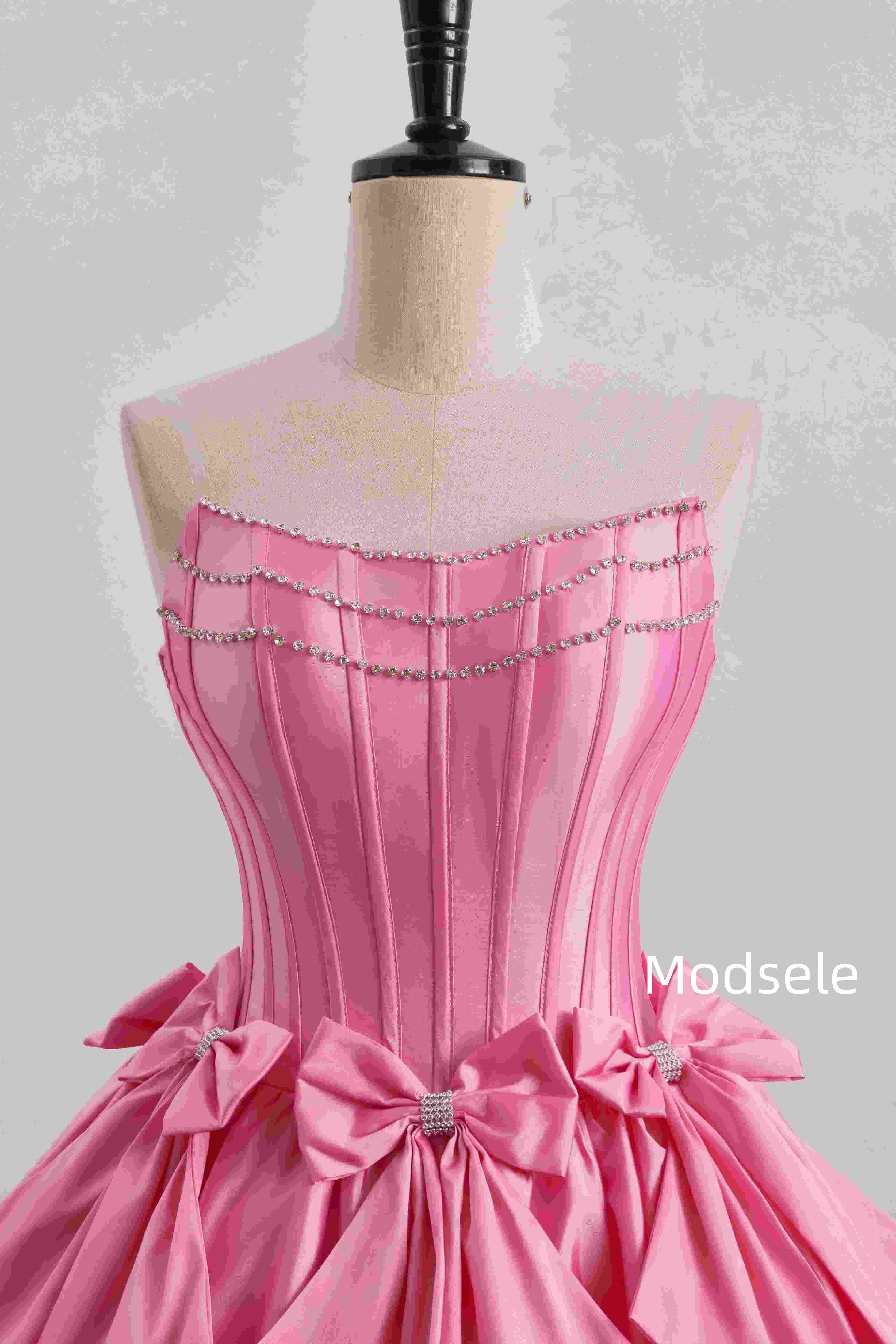 Pink Strapless A-Line Empire-Waist with Bows Pleated Homecoming Dress