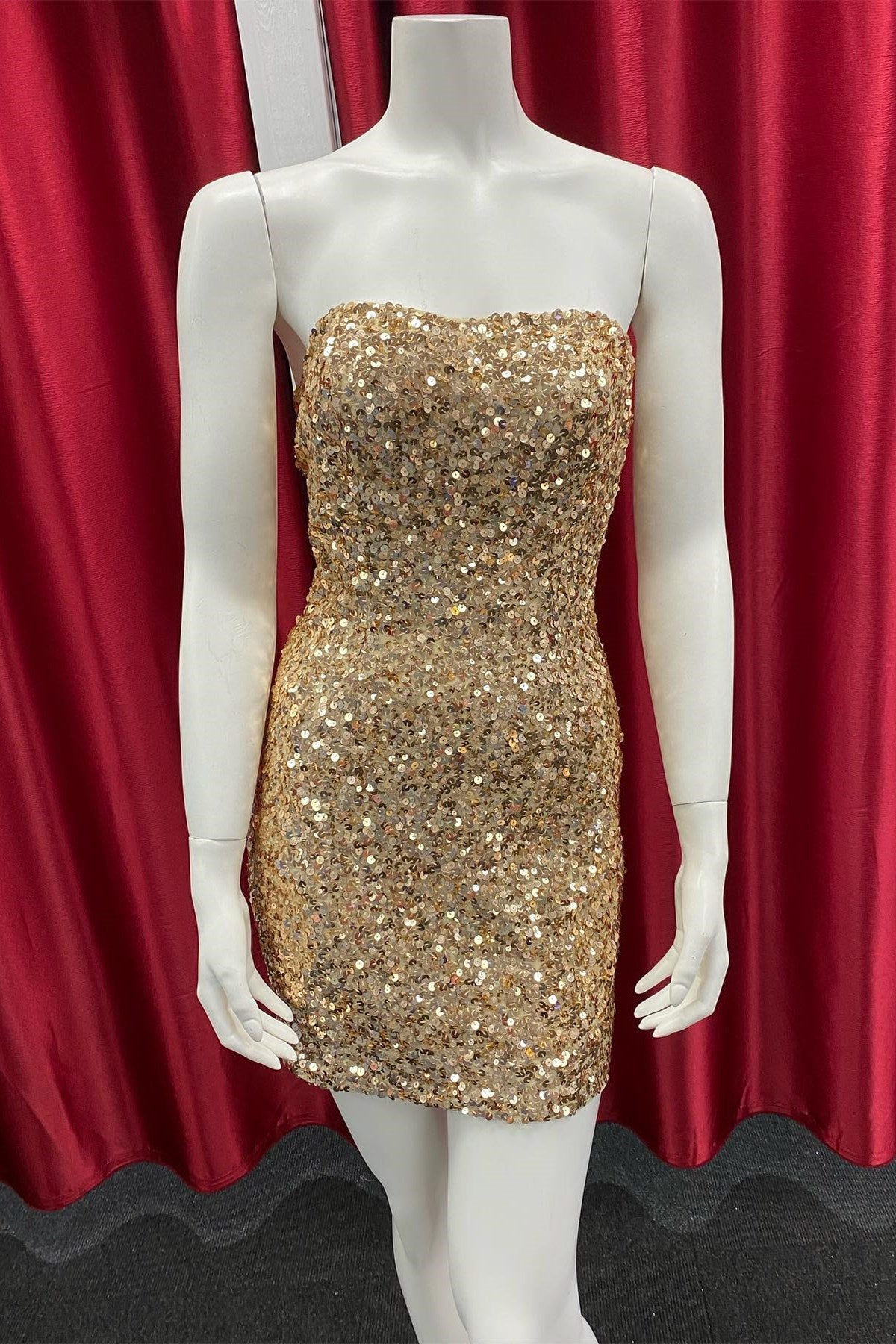 Short Strapless Gold Sequin Dress