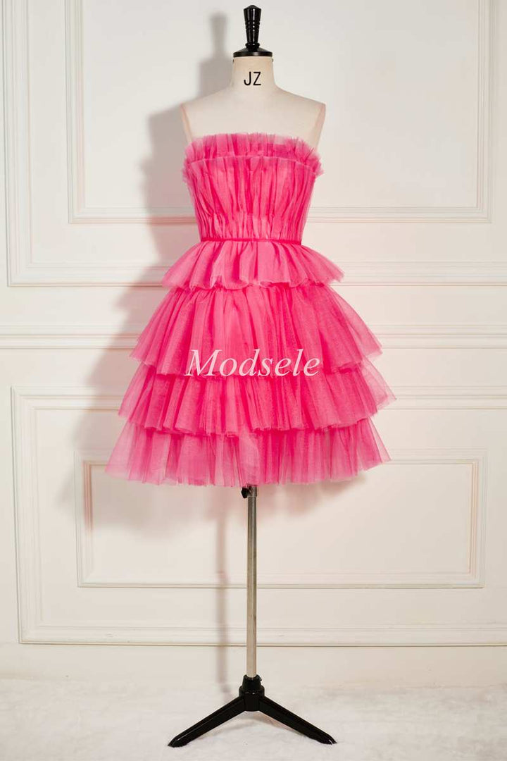 Hot Pink Strapless Tiered A-Line Short Party Dress with Ruffles