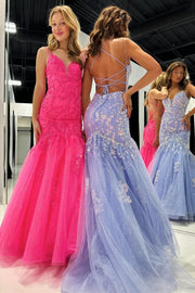 Hot Pink Tulle Lace V-Neck Trumpet Long Prom Dress