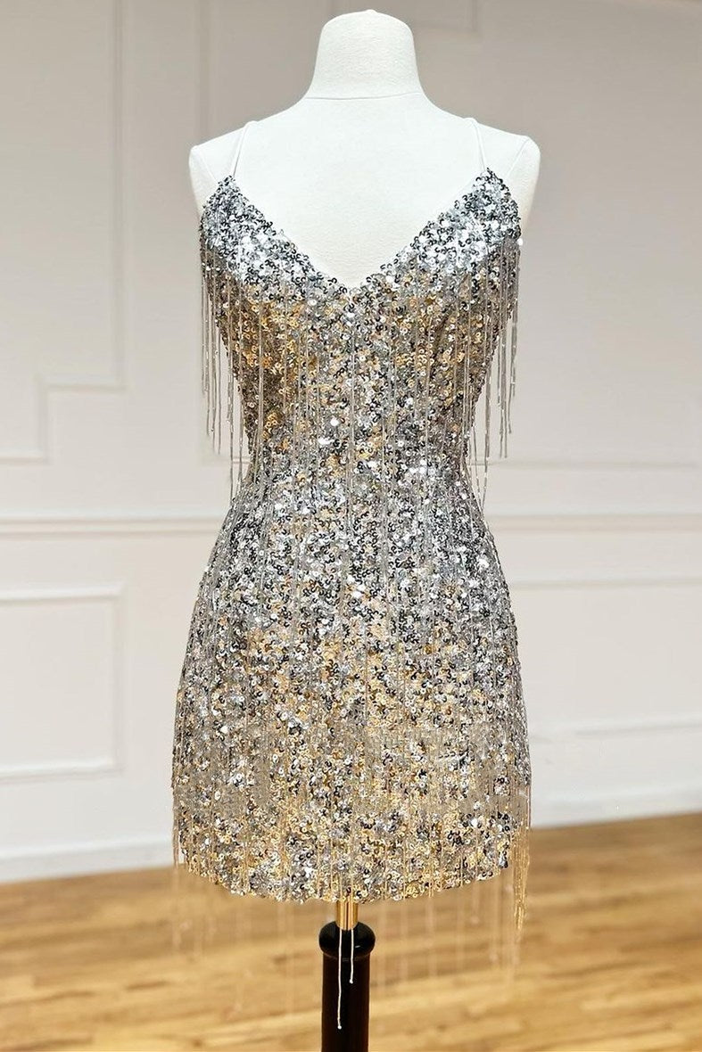 Silver Sequin V-Neck Cocktail Dress with Fringes Modsele Silver Sequin V-Neck Cocktail Dress with Fringes Modsele