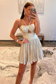 Champagne Metallic Spaghetti Strap Pleated A-Line Homecoming Dress