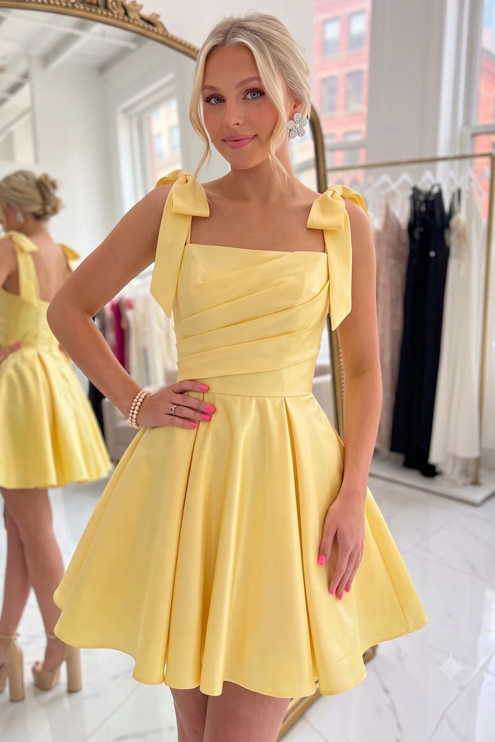 Yellow A-Line Straps Pleted Empire-Waist Satin Homecoming Dress