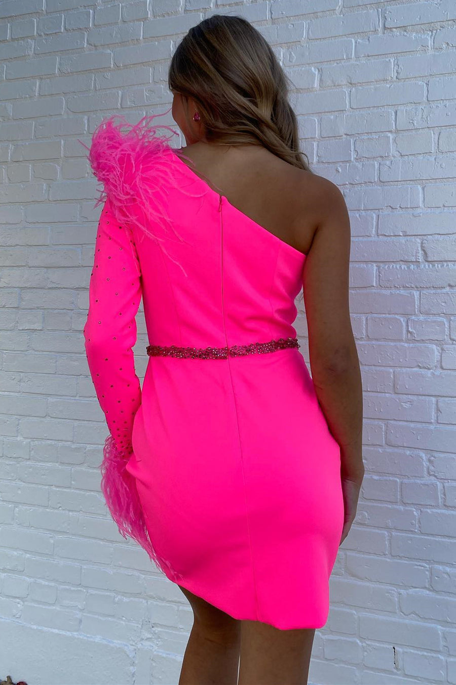 Hot Pink One-Sleeve Short Homecoming Dress with Feathers