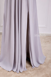 Gray Chiffon Off-the-Shoulder Maxi Dress with Slit