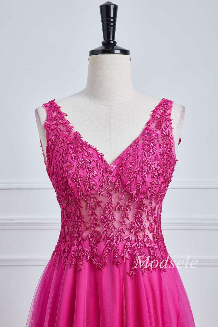 Magenta Tulle Appliques V-Neck A-Line Long Prom Dress