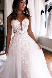 Ivory Tulle Appliques Strapless A-Line Long Wedding Dress