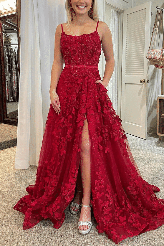 Red Spaghetti Straps Appliques Floral A-Line Long Prom Dress with Slit Modsele Red Spaghetti Straps Appliques Floral A-Line Long Prom Dress with Slit Modsele