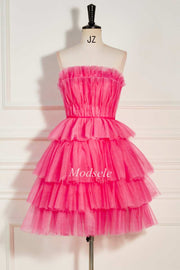 Hot Pink Strapless Tiered A-Line Short Party Dress with Ruffles