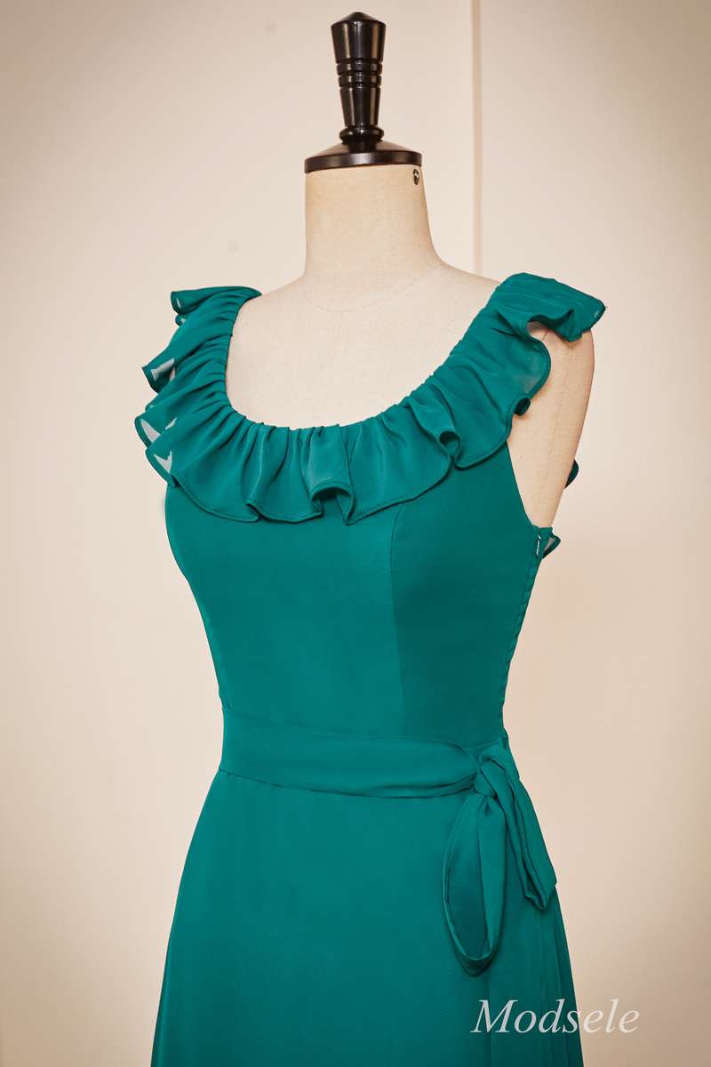 Emerald Chiffon Sleeveless Ruffle Long Dress with Belt Modsele Emerald Chiffon Sleeveless Ruffle Long Dress with Belt Modsele