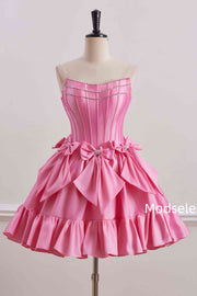 Pink Strapless A-Line Empire-Waist with Bows Pleated Homecoming Dress