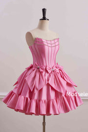 Pink Strapless A-Line Empire-Waist with Bows Pleated Homecoming Dress