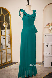 Emerald Chiffon Sleeveless Ruffle Long Dress with Belt