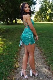 Turquoise Velvet Lace-Up Short Party Dress