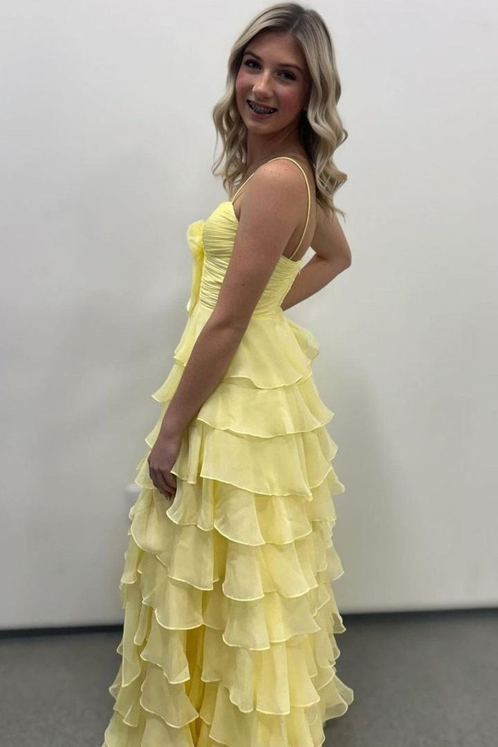 A-Line Spaghetti Straps V-Neck Ruffles Chiffon Long Prom Dress