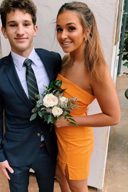 Simple Strapless Scoop Neck Satin Sleeveless Bodycon Homecoming Dress